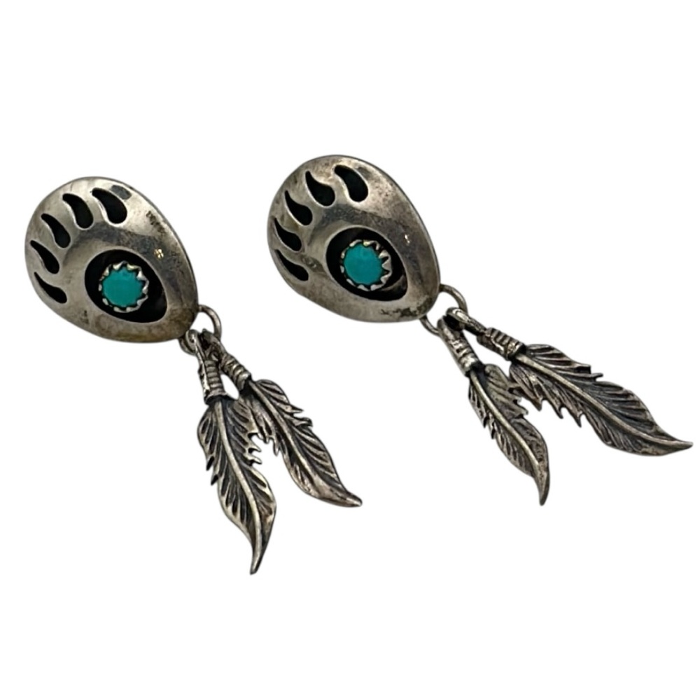 Vintage and Southwestern Bear Paw Turquoise Feather Dangle Earrings